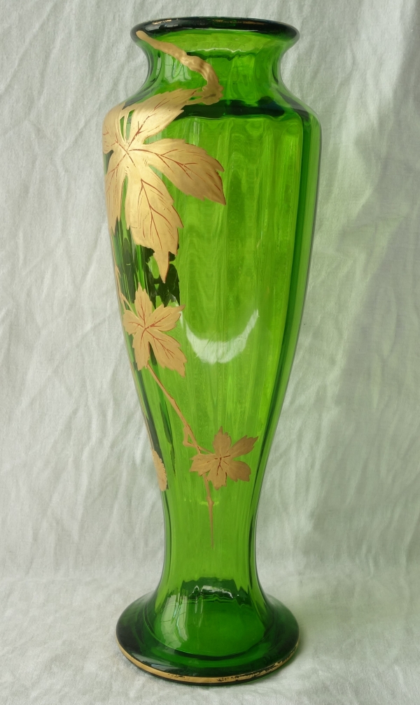 Pair of Baccarat green crystal vases, Platanes pattern enhanced with fine gold