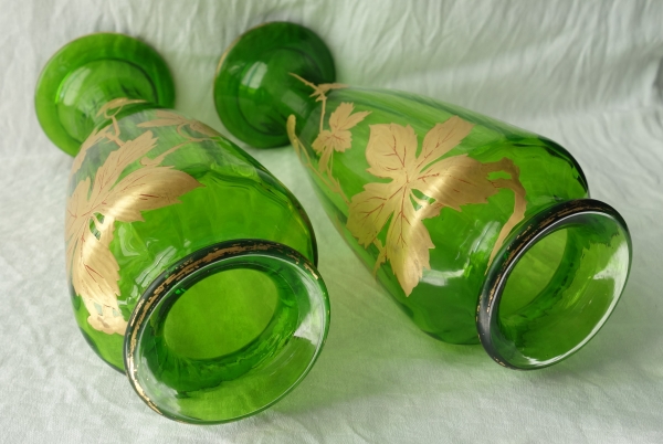 Pair of Baccarat green crystal vases, Platanes pattern enhanced with fine gold