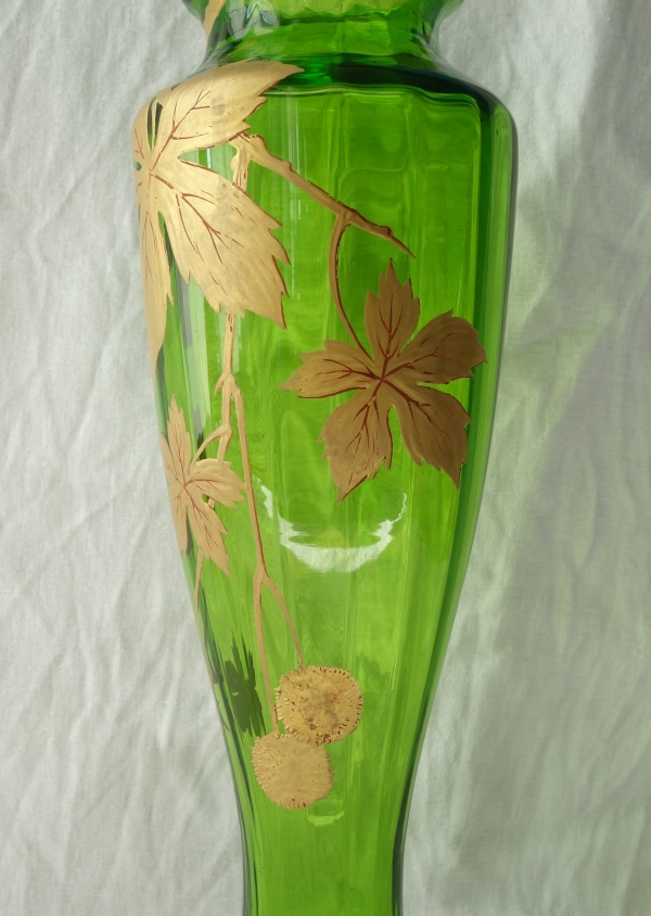 Pair of Baccarat green crystal vases, Platanes pattern enhanced with fine gold