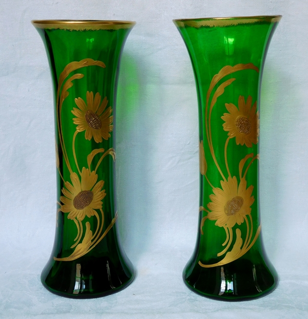 Pair of Saint Louis crystal green vases - fine gold floral decoration - circa 1900