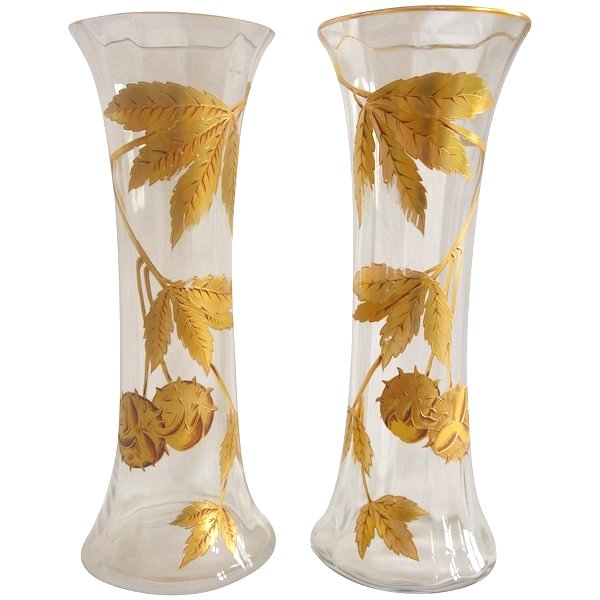 Pair of Saint Louis crystal vases enhanced with a horse chestnut tree pattern - Art Nouveau period