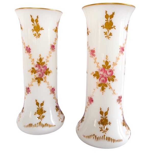 Pair of St Louis crystal vases, white hand-painted and gilt opaline crystal - paper sticker