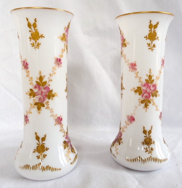 Pair of St Louis crystal vases, white hand-painted and gilt opaline crystal - paper sticker