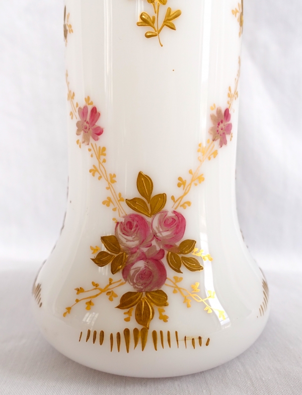 Pair of St Louis crystal vases, white hand-painted and gilt opaline crystal - paper sticker