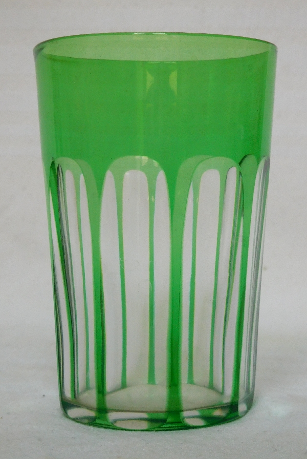 Pair of Baccarat crystal tooth glasses, pink and green overlay