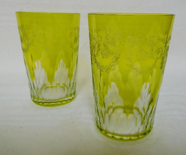 Pair of Baccarat crystal tooth glasses, green overlay, Richelieu pattern - signed