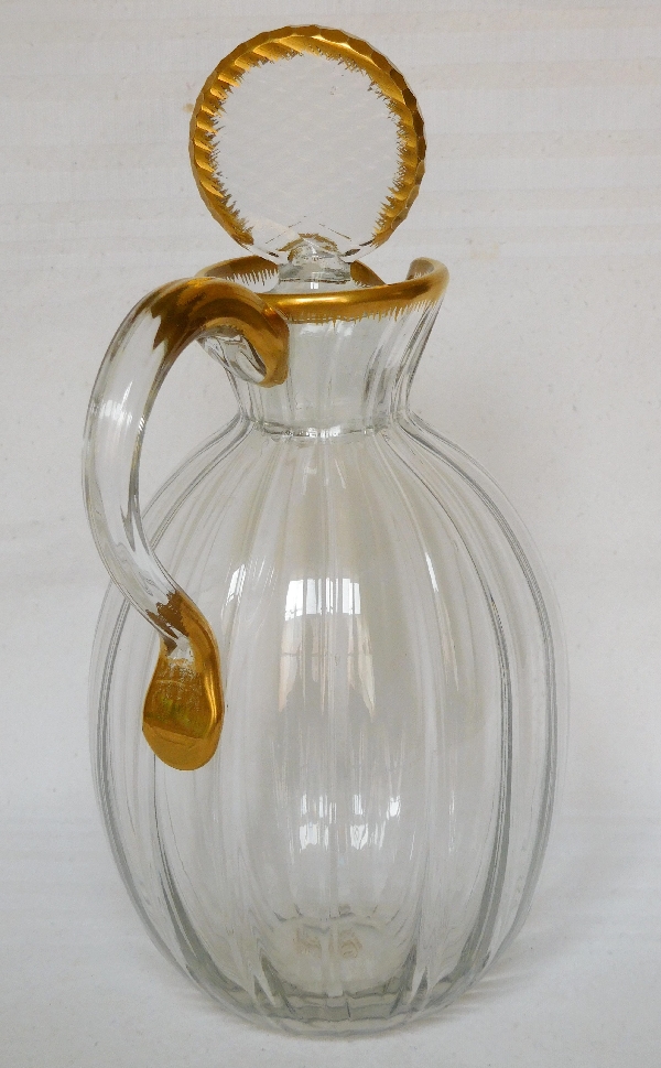 Tall Daum crystal or glass pitcher gilt with fine gold, signed