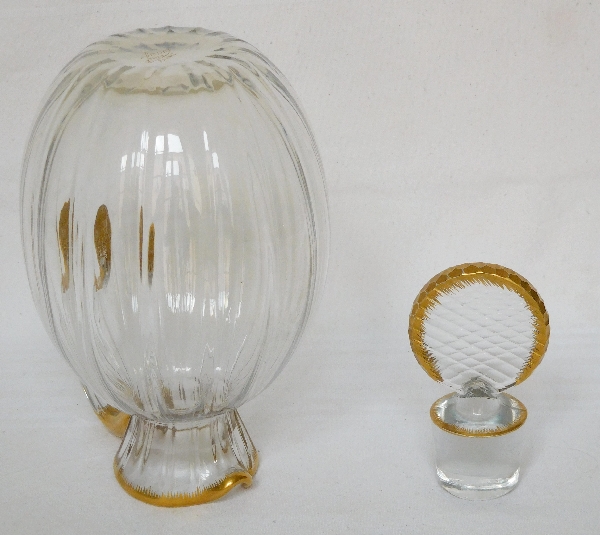 Tall Daum crystal or glass pitcher gilt with fine gold, signed