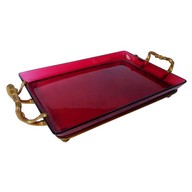 Plateau de service en cristal de Baccarat rouge rubis, monture en bronze doré signée