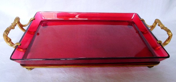 Ruby red Baccarat crystal and ormolu serving tray signed