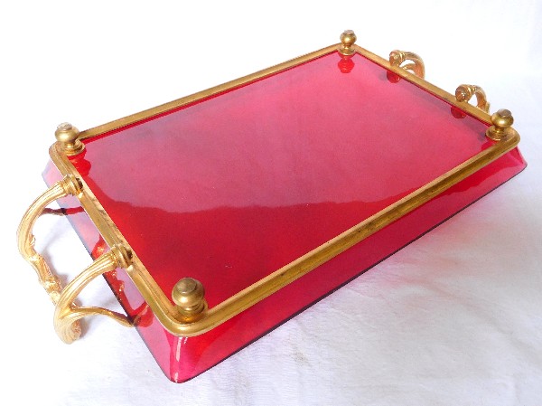 Ruby red Baccarat crystal and ormolu serving tray signed