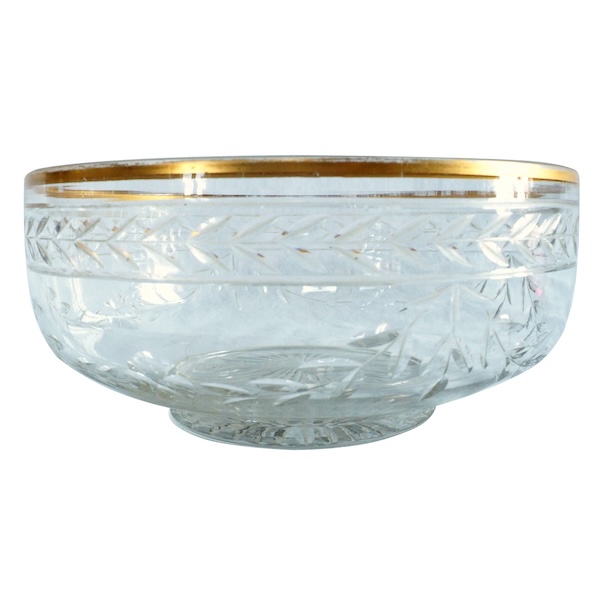Saladier en cristal de Baccarat taillé aux lauriers, bordure dorée à l'or fin