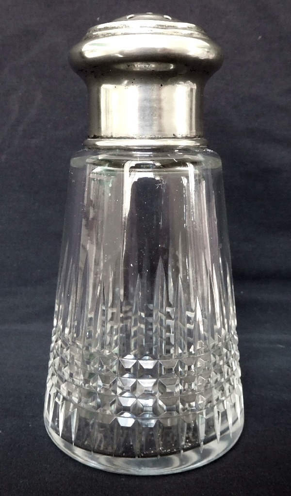 Baccarat crystal sugar shaker, Nancy pattern, silverplate lid