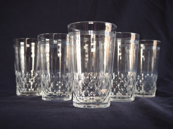 6 Baccarat crystal champagne glasses and their original gilt bronze support, Chauny pattern