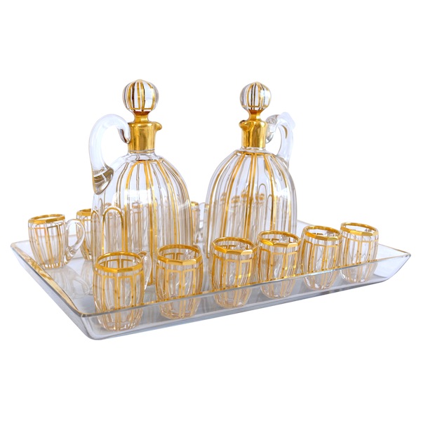 Baccarat crystal liquor set enhanced with fine gold - Cannelures pattern - paper sticker