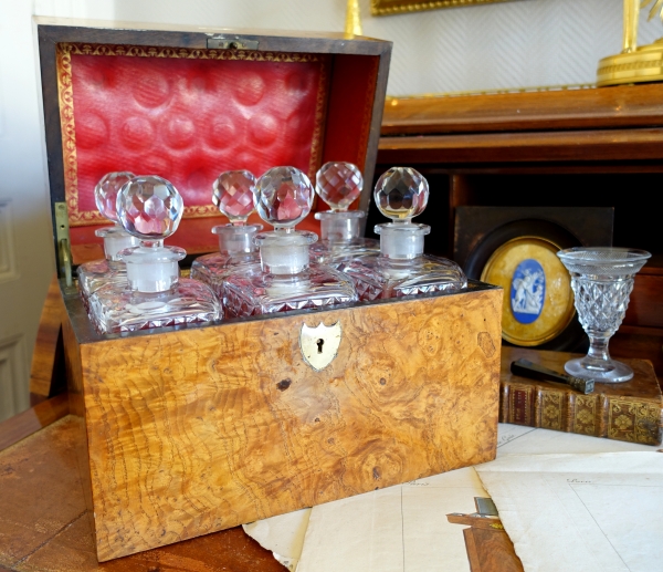 Empire Le Creusot crystal liquor set, original burr wood box - early 19th century