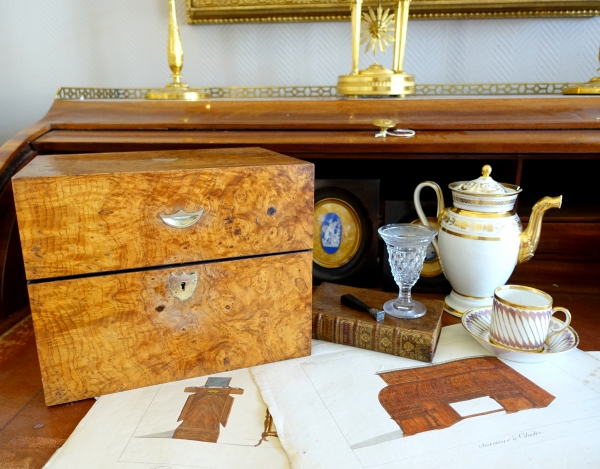 Empire Le Creusot crystal liquor set, original burr wood box - early 19th century