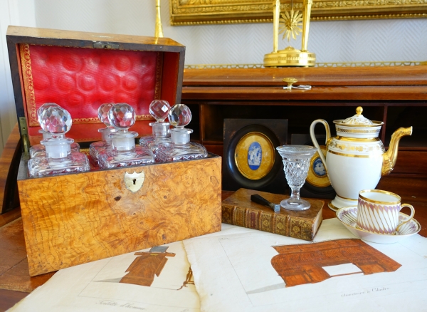 Empire Le Creusot crystal liquor set, original burr wood box - early 19th century