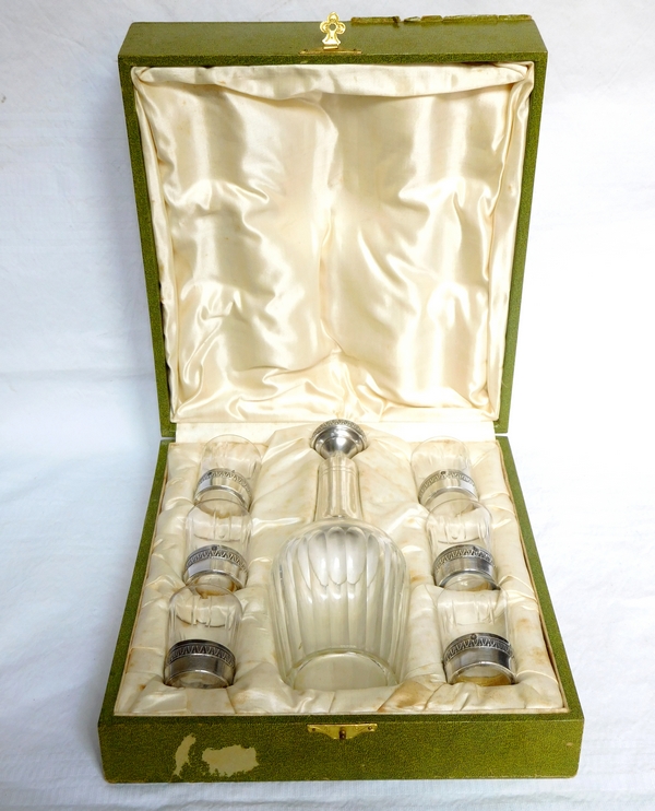 Baccarat crystal and sterling silver liquor set, Empire style circa 1900