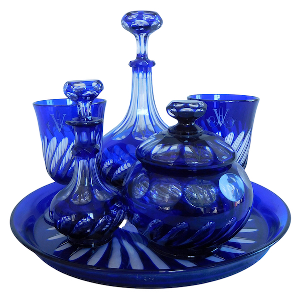 6 pieces Baccarat crystal night set, cobalt blue overlay crystal, VA monogram, 19th century