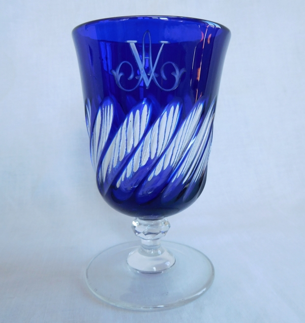 6 pieces Baccarat crystal night set, cobalt blue overlay crystal, VA monogram, 19th century