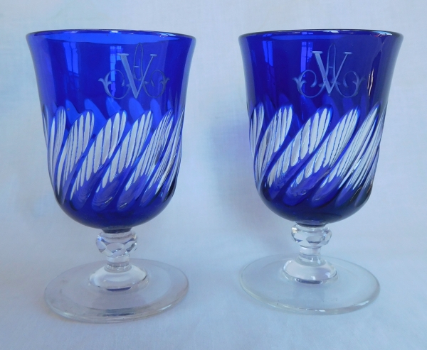 6 pieces Baccarat crystal night set, cobalt blue overlay crystal, VA monogram, 19th century