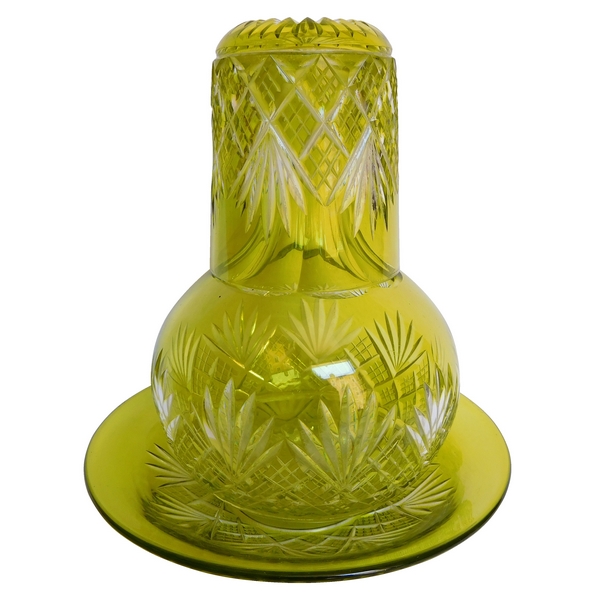 Antique French Baccarat crystal night water set, light green overlay crystal, Douai pattern