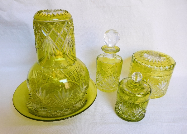 Antique French Baccarat crystal night water set, light green overlay crystal, Douai pattern