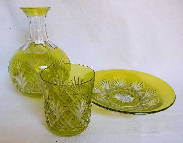 Antique French Baccarat crystal night water set, light green overlay crystal, Douai pattern