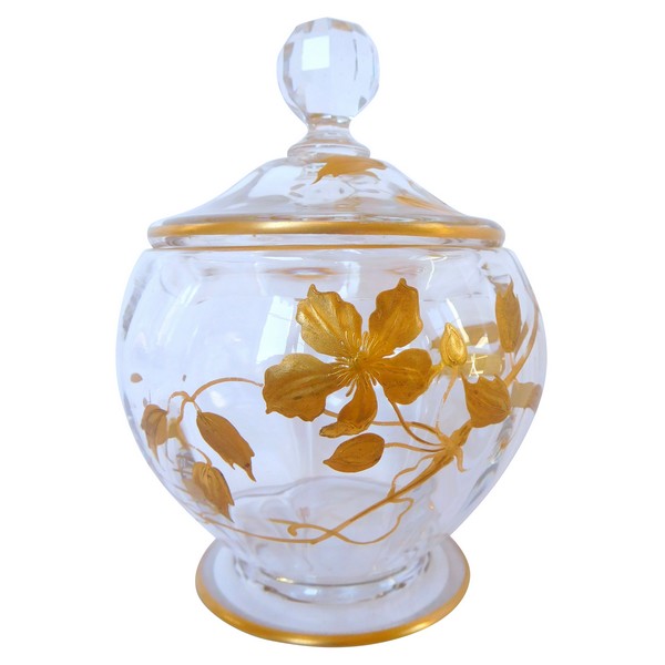 Sucrier Art Nouveau en cristal de Baccarat doré, étiquette papier