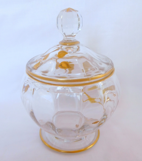 Sucrier Art Nouveau en cristal de Baccarat doré, étiquette papier