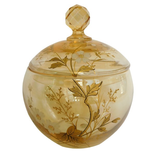 Baccarat iridescent crystal sugar pot enhanced with enamelled and gilt flowers decoration - paper sticker