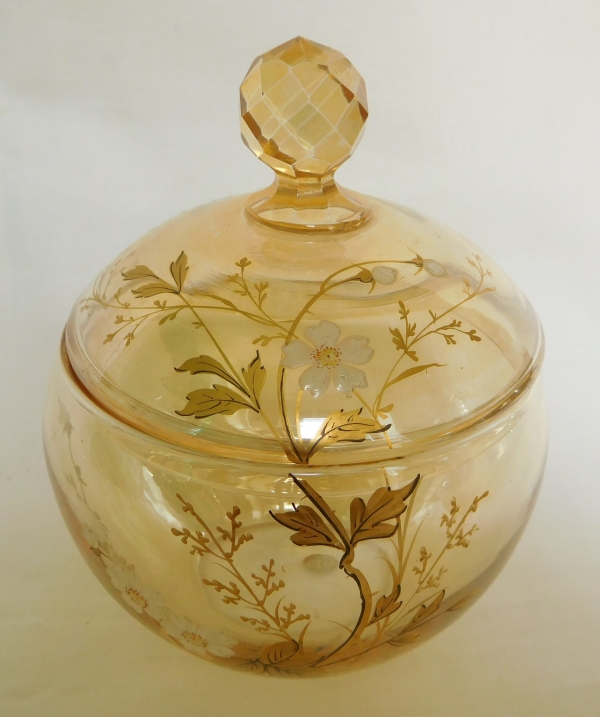 Baccarat iridescent crystal sugar pot enhanced with enamelled and gilt flowers decoration - paper sticker