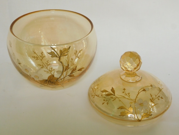 Baccarat iridescent crystal sugar pot enhanced with enamelled and gilt flowers decoration - paper sticker