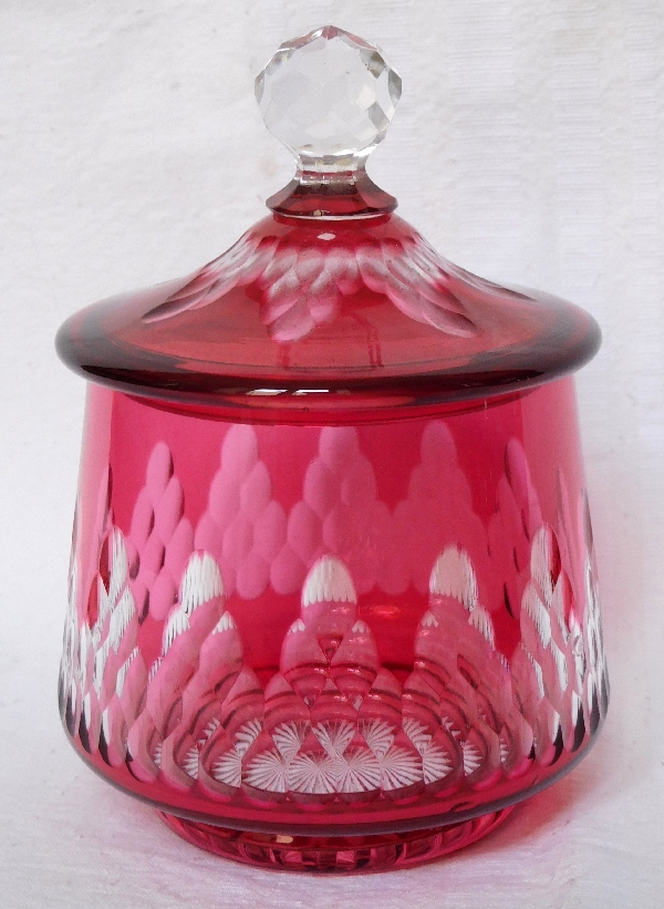 Baccarat crystal pink overlay sugar pot, Richelieu pattern