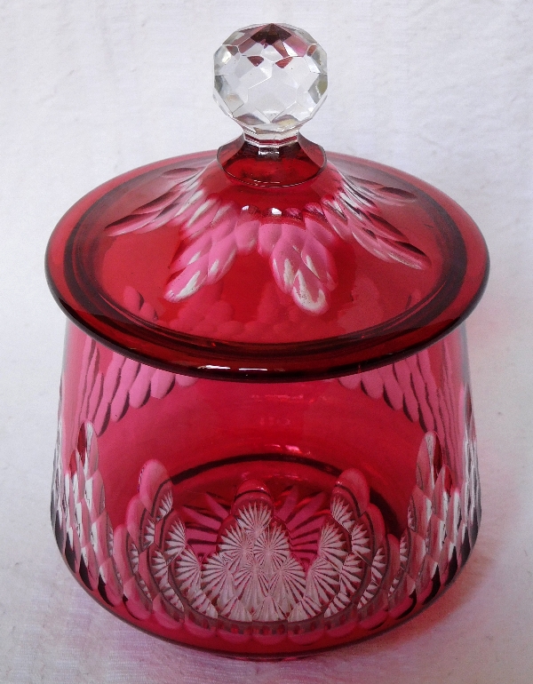 Baccarat crystal pink overlay sugar pot, Richelieu pattern