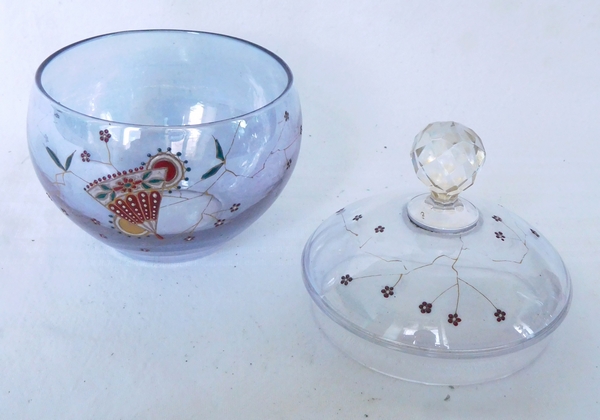 Baccarat crystal sugar pot, rare iridescent crystal, Japanese style enamelled