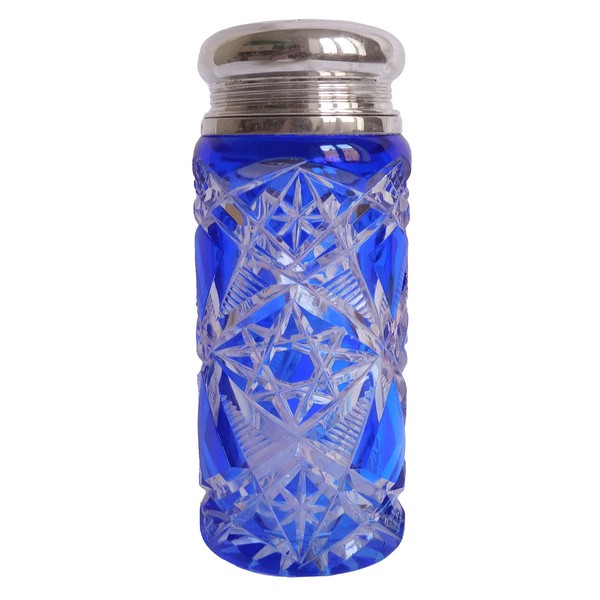 Baccarat crystal sugar sifter, Lagny pattern, blue overlay crystal