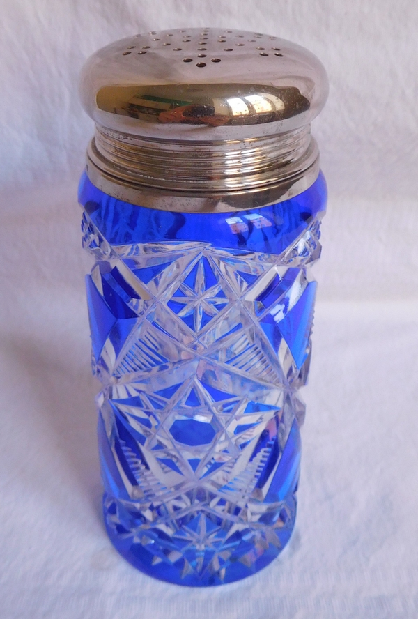 Baccarat crystal sugar sifter, Lagny pattern, blue overlay crystal