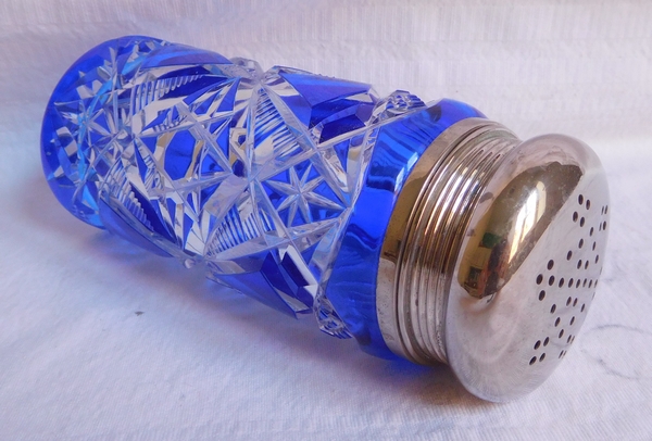 Baccarat crystal sugar sifter, Lagny pattern, blue overlay crystal