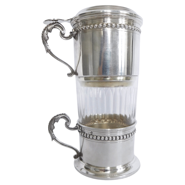 Tasse à café et son filtre pressoir en cristal de Baccarat, argent et vermeil - étiquette papier