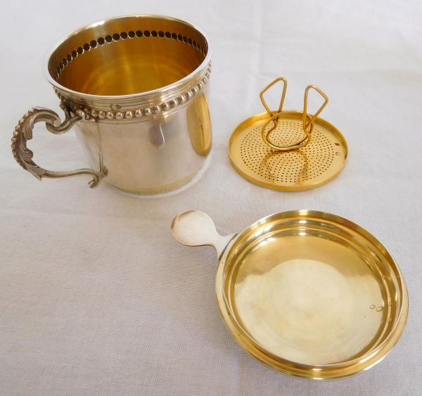 Tasse à café et son filtre pressoir en cristal de Baccarat, argent et vermeil - étiquette papier