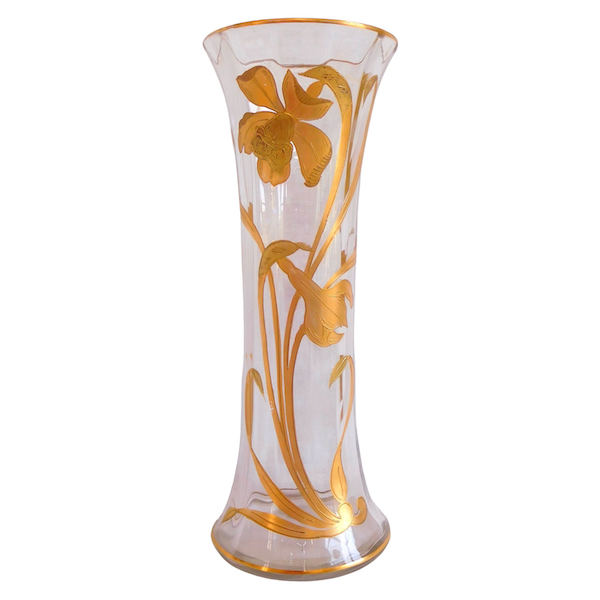 Tall St Louis crystal vase, green crystal enhanced with gilt iris decoration, Art Nouveau period