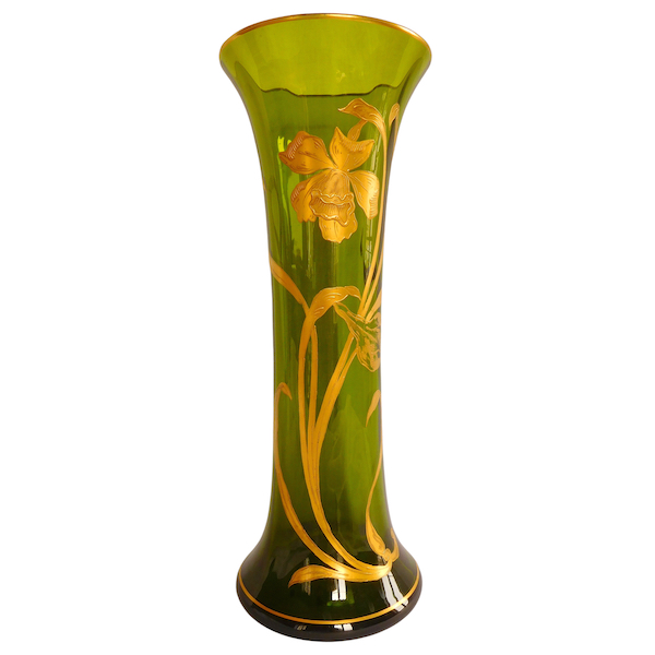 Tall St Louis crystal vase, green crystal enhanced with gilt iris decoration, Art Nouveau period