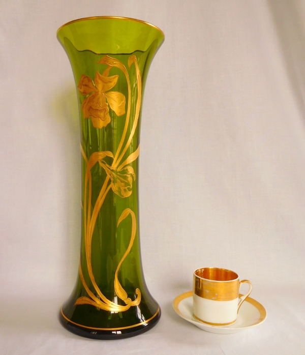 Tall St Louis crystal vase, green crystal enhanced with gilt iris decoration, Art Nouveau period