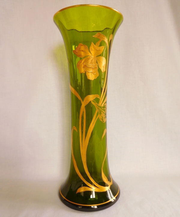 Tall St Louis crystal vase, green crystal enhanced with gilt iris decoration, Art Nouveau period