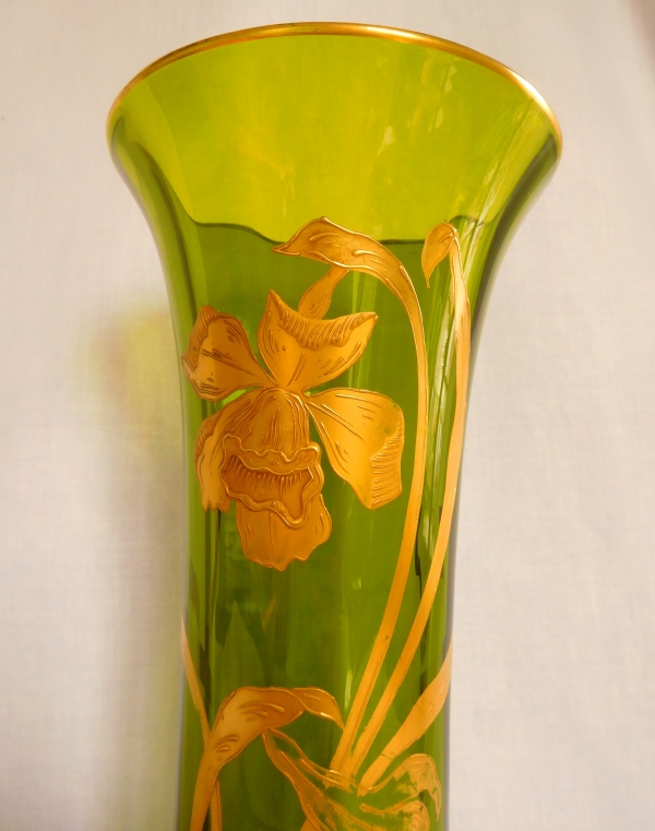 Tall St Louis crystal vase, green crystal enhanced with gilt iris decoration, Art Nouveau period