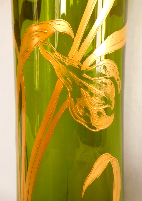 Tall St Louis crystal vase, green crystal enhanced with gilt iris decoration, Art Nouveau period