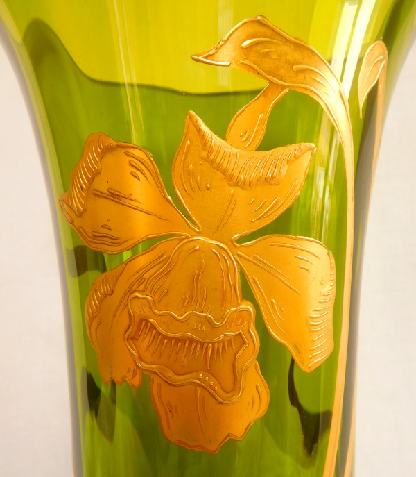 Tall St Louis crystal vase, green crystal enhanced with gilt iris decoration, Art Nouveau period