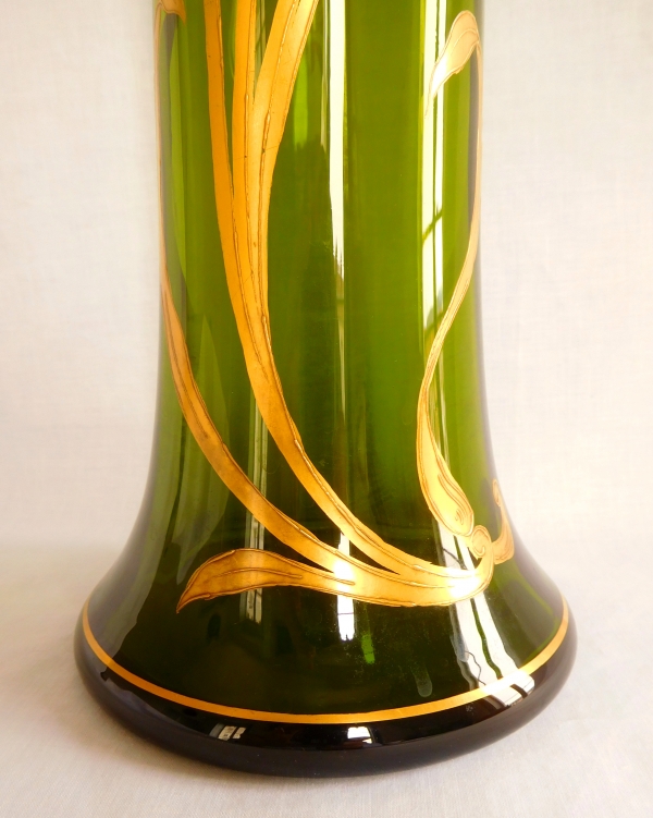 Tall St Louis crystal vase, green crystal enhanced with gilt iris decoration, Art Nouveau period